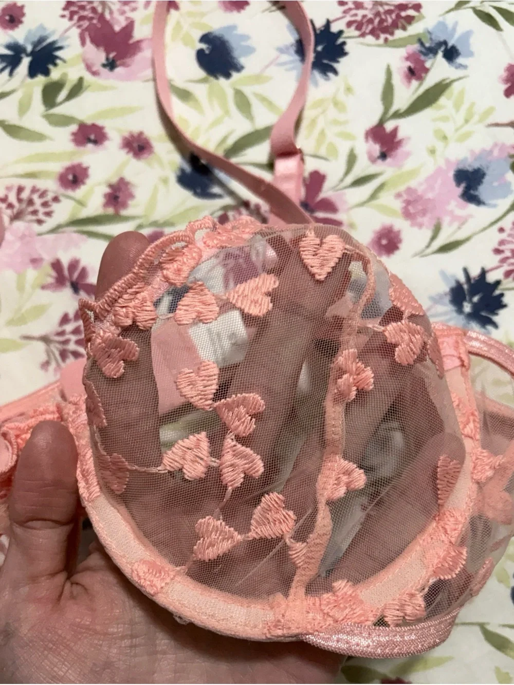 Floral hearts pink embroidered sheer lingerie set